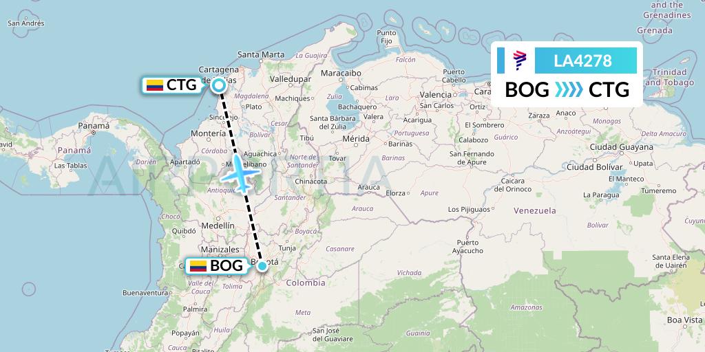 LA4278 LAN Airlines Flight Map: Bogota to Cartagena