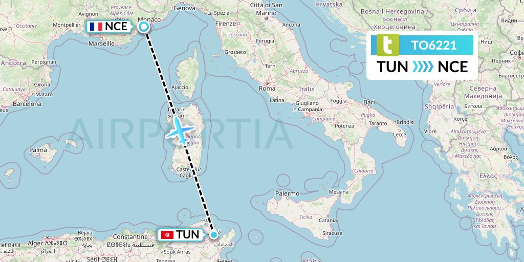 TO6221 Transavia France Flight Map: Tunis to Nice