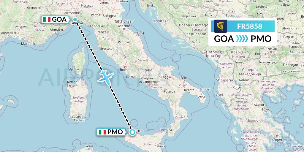 FR5858 Ryanair Flight Map: Genoa to Palermo