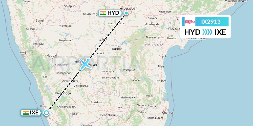 IX2913 Air India Express Flight Map: Hyderabad to Mangalore