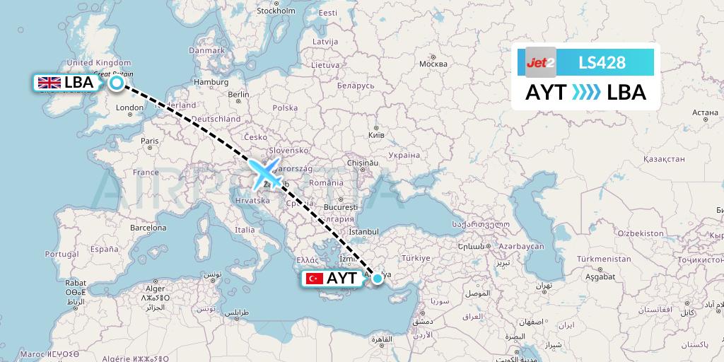 LS428 Jet2 Flight Map: Antalya to Leeds
