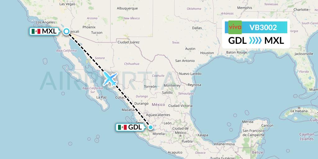 VB3002 VivaAerobus Flight Map: Guadalajara to Mexicali
