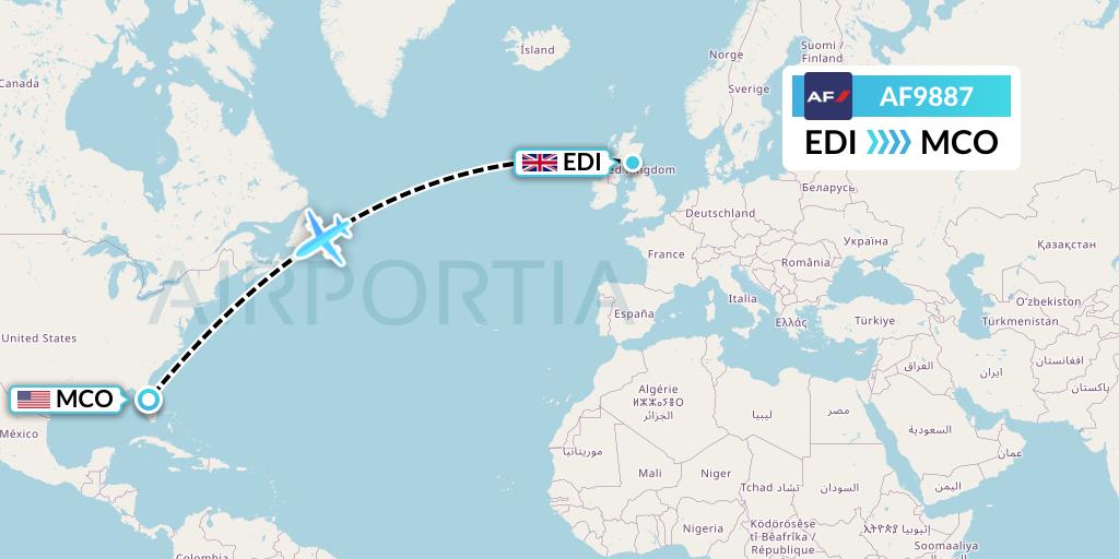 AF9887 Air France Flight Map: Edinburgh to Orlando