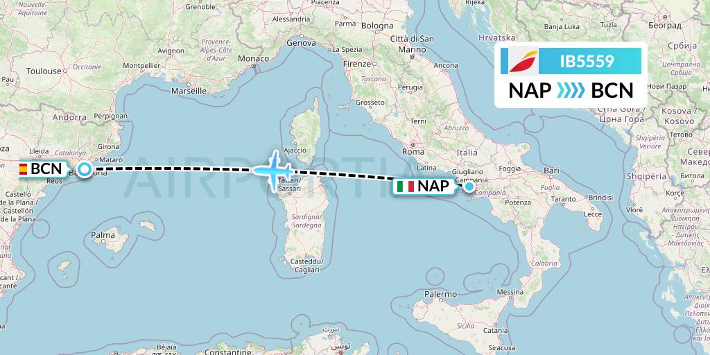 IB5559 Iberia Flight Map: Naples to Barcelona