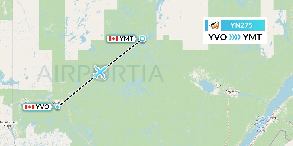 YN275 Air Creebec Flight Map: Val-d'Or to Chibougamau
