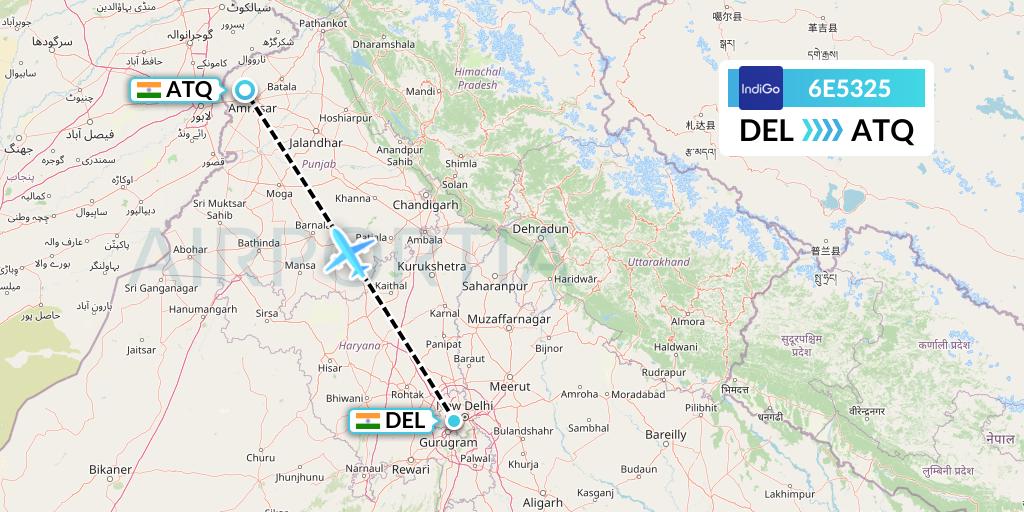 6E5325 IndiGo Airlines Flight Map: Delhi to Amritsar