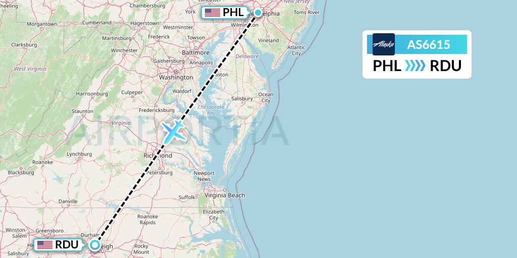 AS6615 Alaska Airlines Flight Map: Philadelphia to Raleigh-Durham
