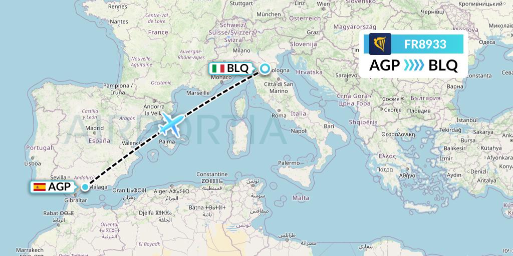 FR8933 Ryanair Flight Map: Malaga to Bologna