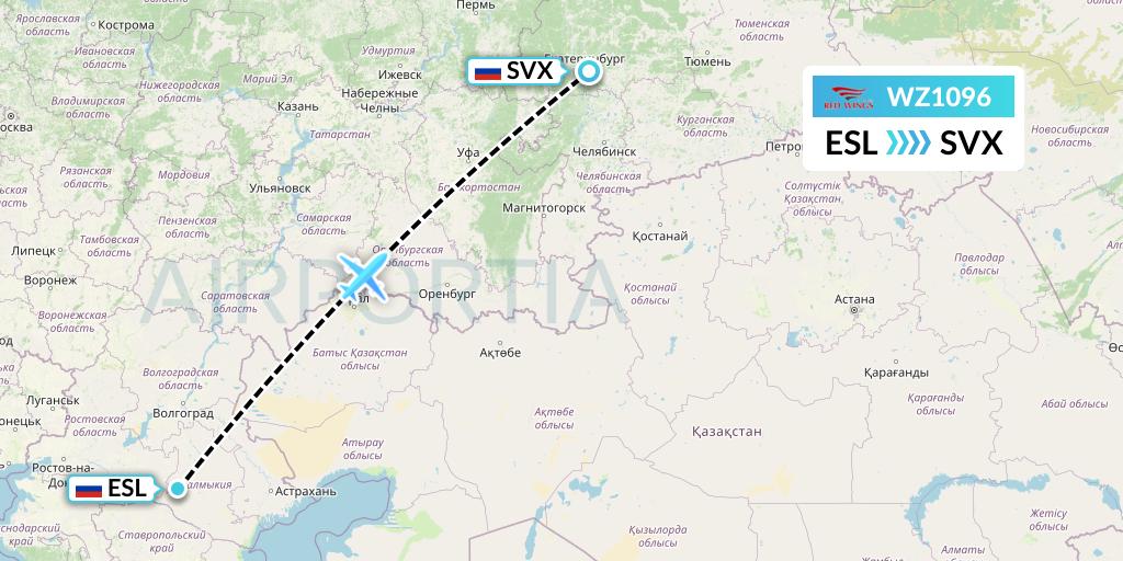 WZ1096 Red Wings Flight Map: Elista to Yekaterinburg