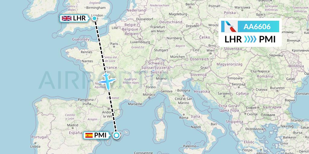 AA6606 American Airlines Flight Map: London to Palma de Mallorca