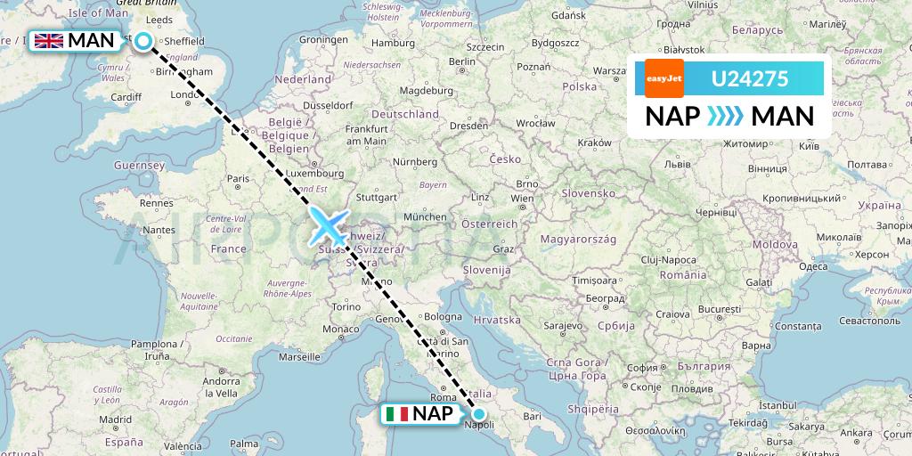 U24275 EasyJet Flight Map: Naples to Manchester