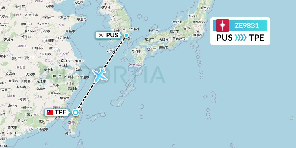 ZE9831 Eastar Jet Flight Map: Busan to Taipei
