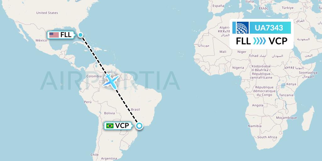 UA7343 United Airlines Flight Map: Fort Lauderdale to Campinas