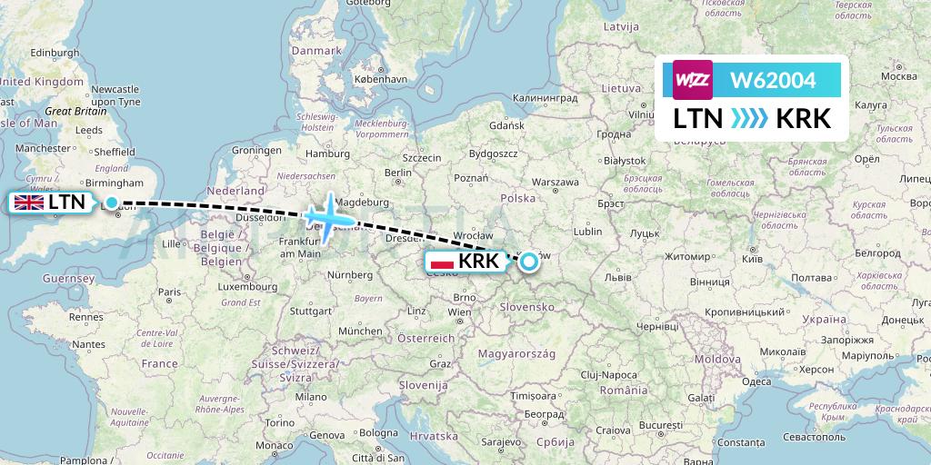 W62004 Wizz Air Flight Map: London to Krakow