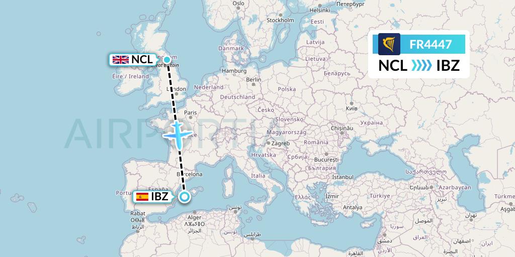 FR4447 Ryanair Flight Map: Newcastle to Ibiza