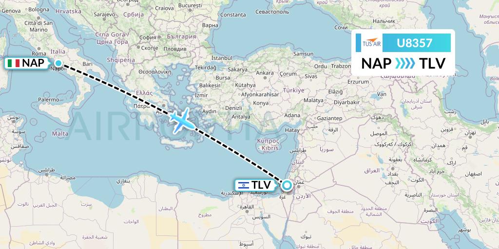 U8357 Tus Airways Flight Map: Naples to Tel Aviv