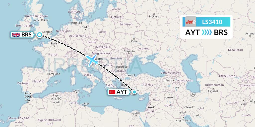 LS3410 Jet2 Flight Map: Antalya to Bristol
