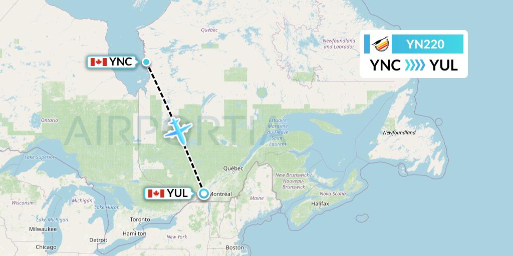YN220 Air Creebec Flight Map: Wemindji to Montreal