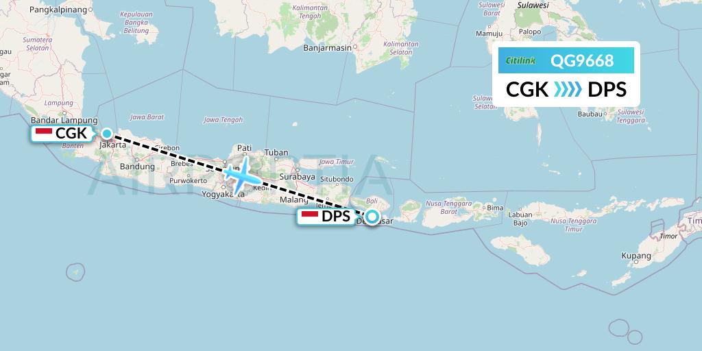 QG9668 Citilink Flight Map: Jakarta to Denpasar