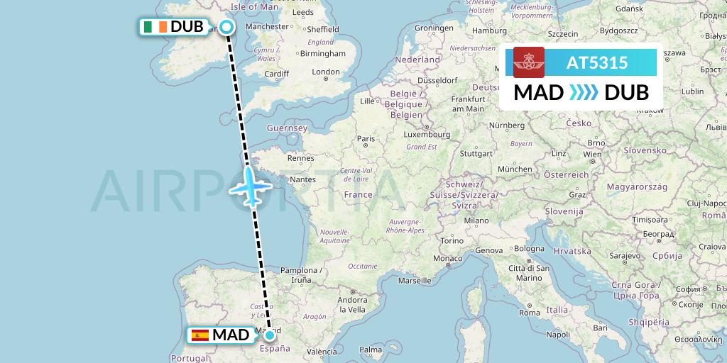 AT5315 Royal Air Maroc Flight Map: Madrid to Dublin