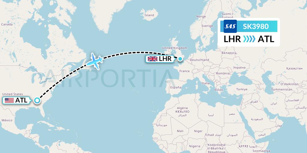 SK3980 SAS Flight Map: London to Atlanta