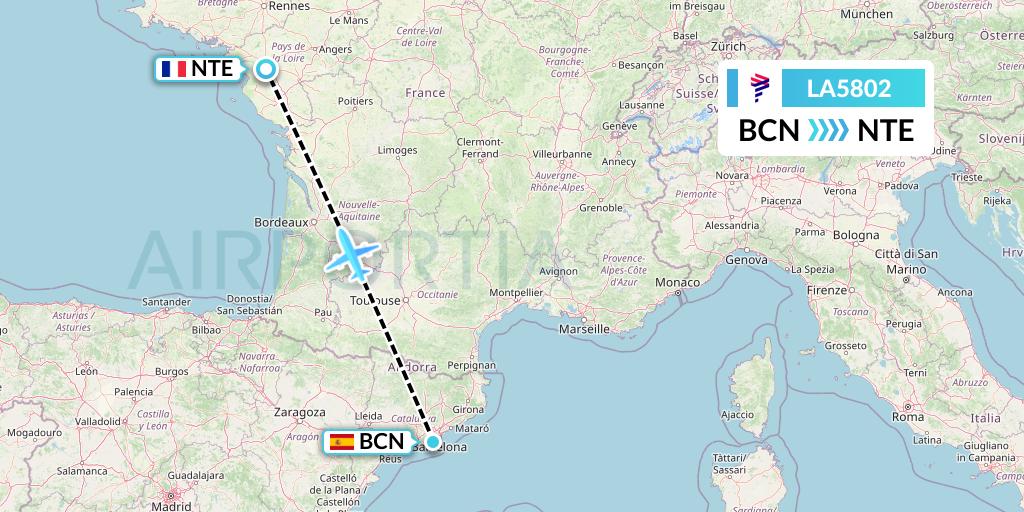 LA5802 LAN Airlines Flight Map: Barcelona to Nantes