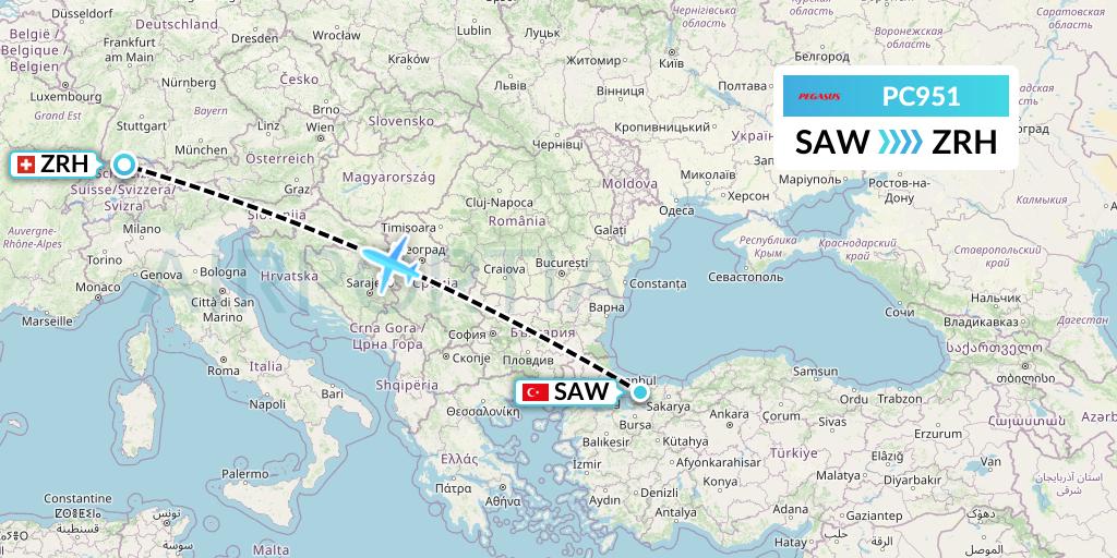 PC951 Pegasus Airlines Flight Map: Istanbul to Zurich