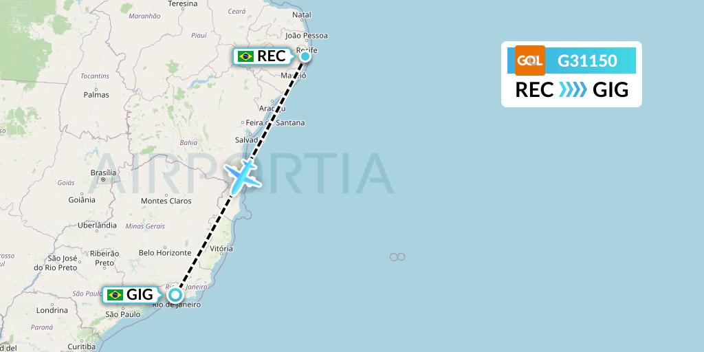 G31150 GOL Transportes Aeros Flight Map: Recife to Rio de Janeiro