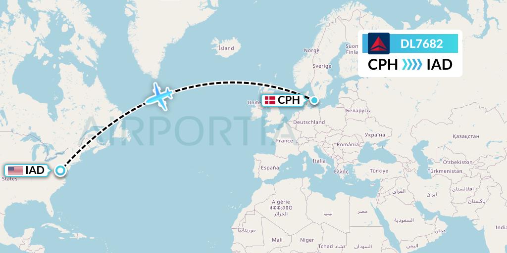 DL7682 Delta Air Lines Flight Map: Copenhagen to Washington
