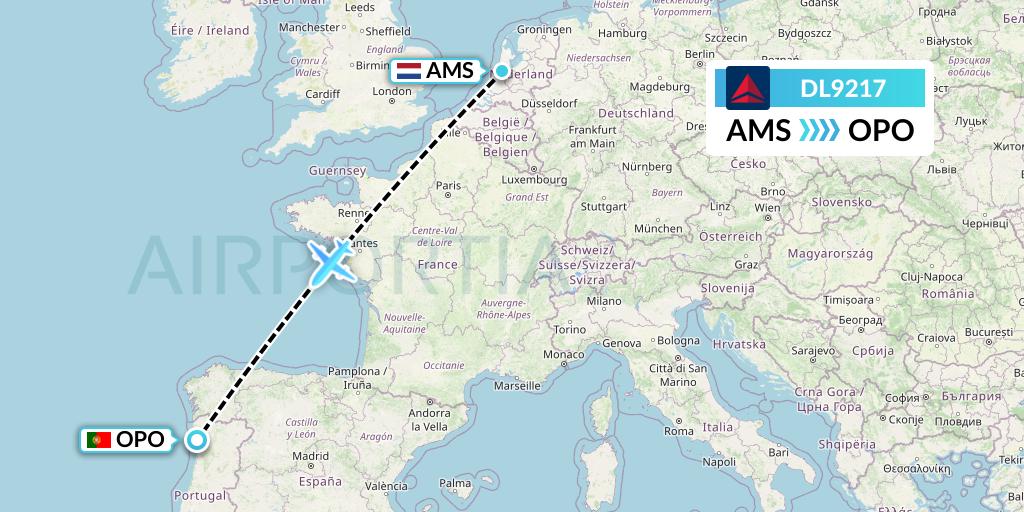 DL9217 Delta Air Lines Flight Map: Amsterdam to Porto