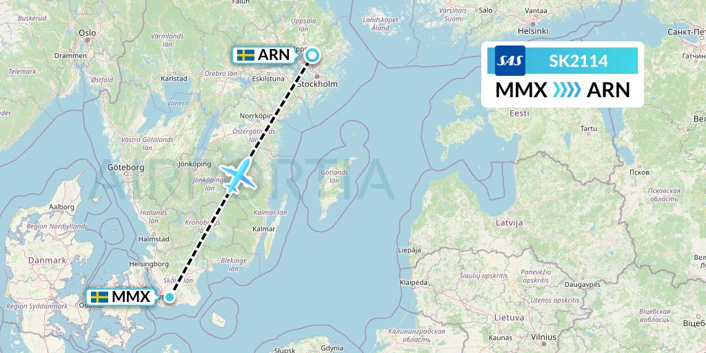 SK2114 SAS Flight Map: Malmo to Stockholm