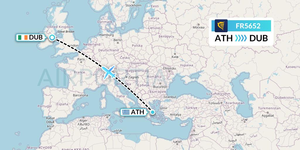 FR5652 Ryanair Flight Map: Athens to Dublin