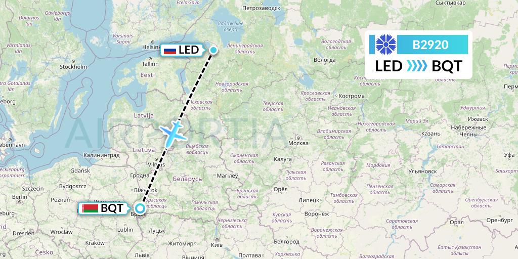B2920 Belavia Flight Map: St. Petersburg to Brest