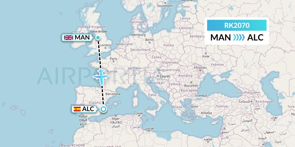 RK2070 Ryanair UK Flight Map: Manchester to Alicante