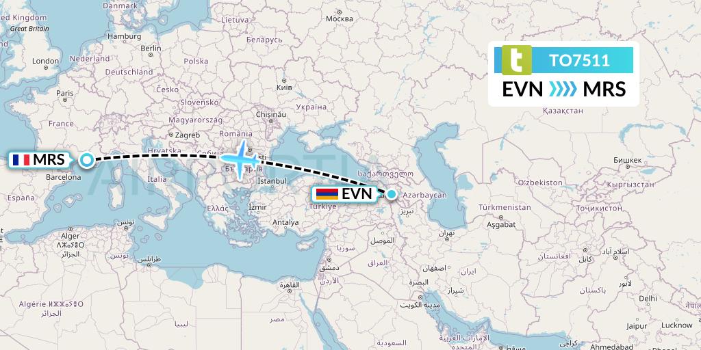 TO7511 Transavia France Flight Map: Yerevan to Marseille