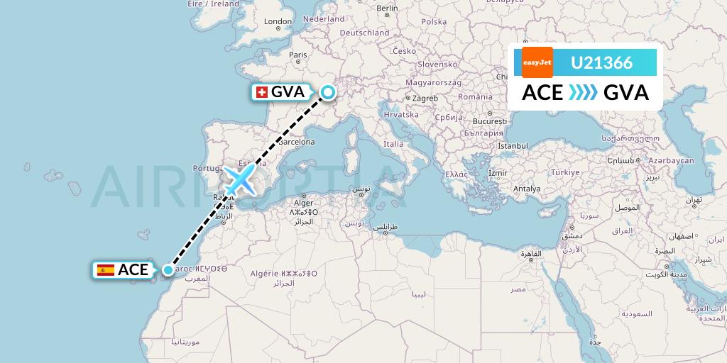 U21366 EasyJet Flight Map: Lanzarote to Geneva