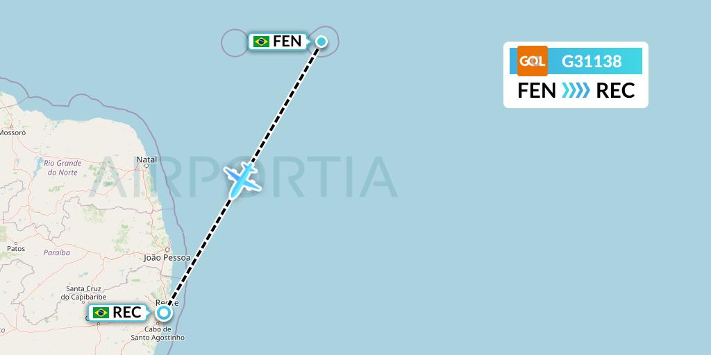 G31138 GOL Transportes Aeros Flight Map: Fernando De Noronha to Recife