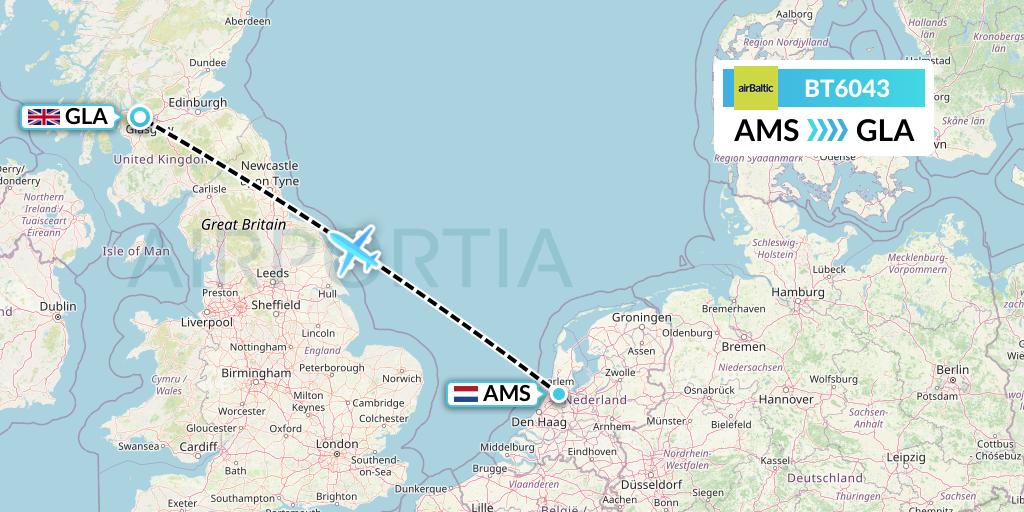 BT6043 Air Baltic Flight Map: Amsterdam to Glasgow