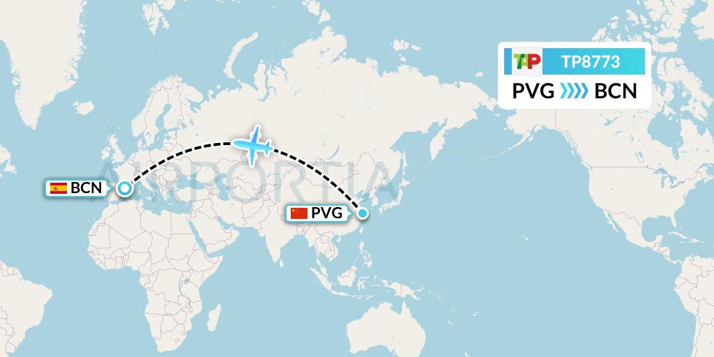 TP8773 TAP Portugal Flight Map: Shanghai to Barcelona