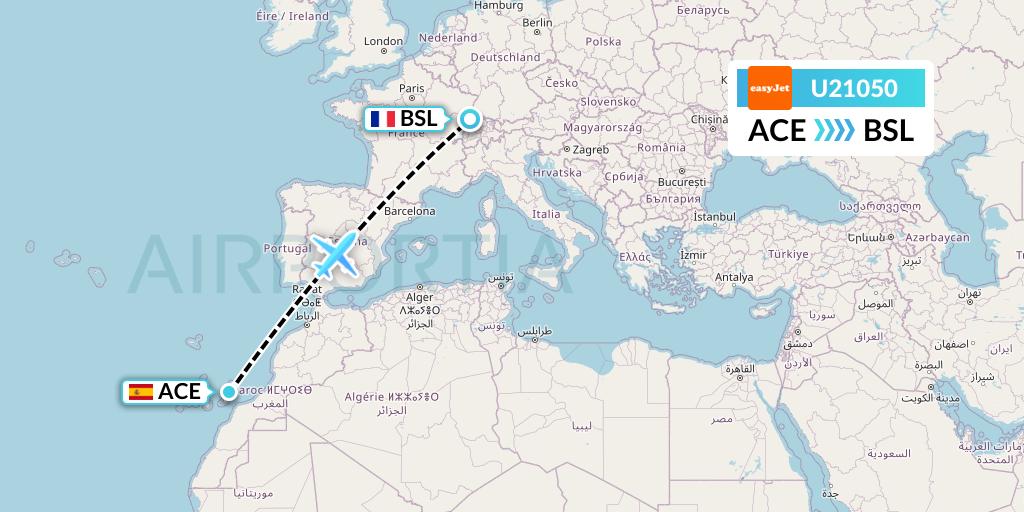 U21050 EasyJet Flight Map: Lanzarote to Basel