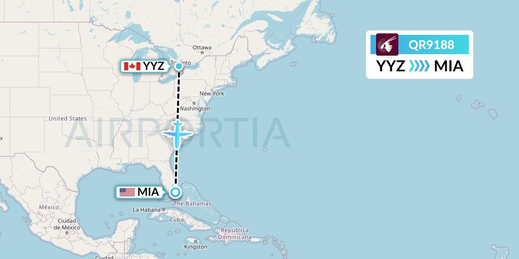 QR9188 Qatar Airways Flight Map: Toronto to Miami
