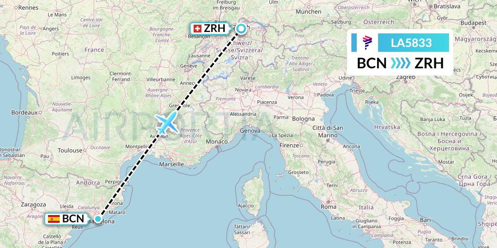 LA5833 LAN Airlines Flight Map: Barcelona to Zurich