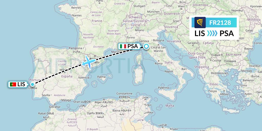 FR2128 Ryanair Flight Map: Lisbon to Pisa