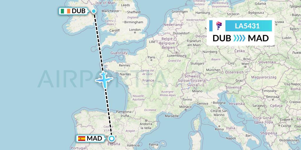 LA5431 LAN Airlines Flight Map: Dublin to Madrid