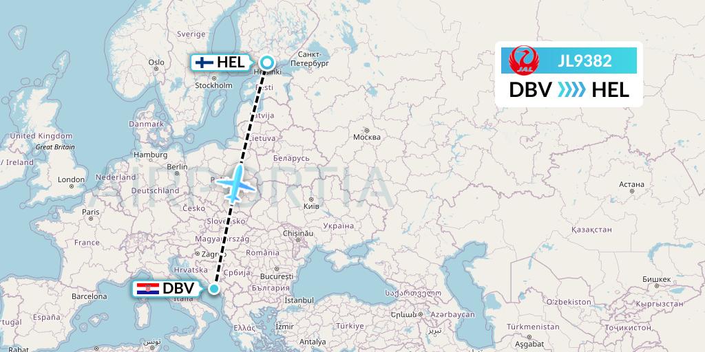 JL9382 Japan Airlines Flight Map: Dubrovnik to Helsinki