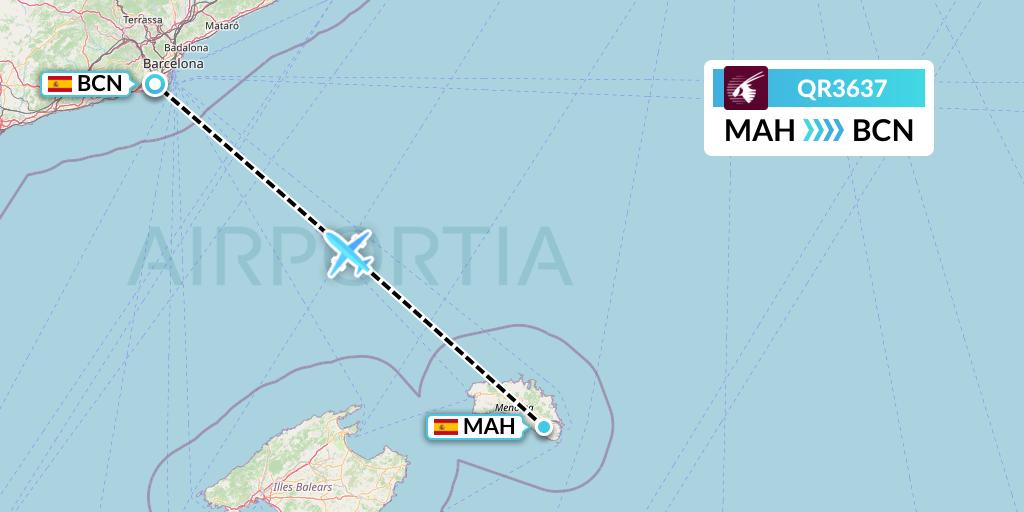 QR3637 Qatar Airways Flight Map: Mahon to Barcelona