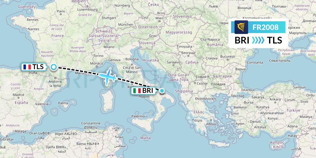 FR2008 Ryanair Flight Map: Bari to Toulouse