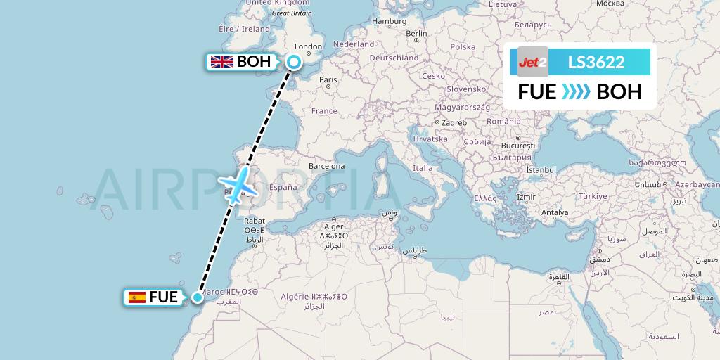 LS3622 Jet2 Flight Map: Fuerteventura to Bournemouth