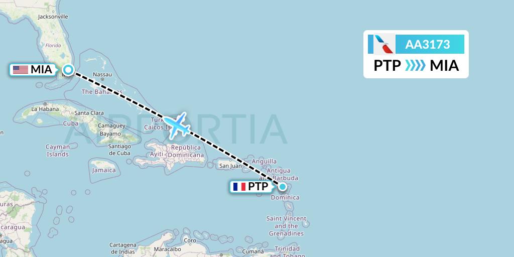 AA3173 American Airlines Flight Map: Pointe-a-Pitre to Miami