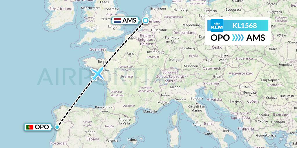 KL1568 KLM Flight Map: Porto to Amsterdam